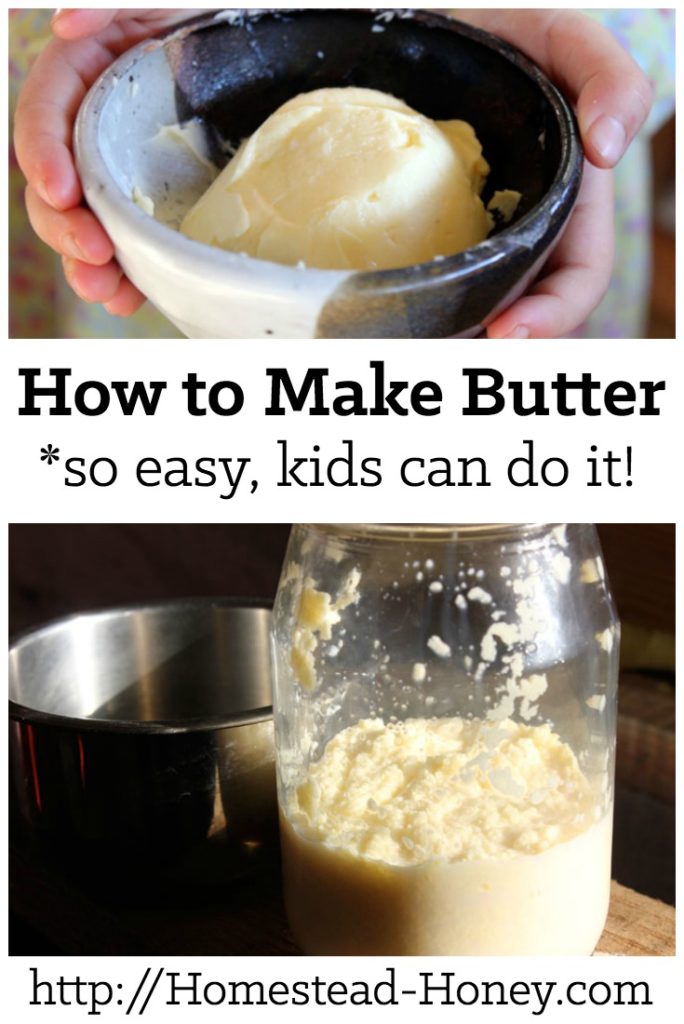 Making homemade butter in a mason jar is a delicious way to get kids in the kitchen and a fun activity for birthday parties. This step by step tutorial will teach you the simple science of making butter from fresh raw cream with just a mason jar! | Homestead Honey #diy #homemade