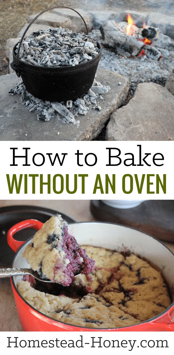 Whether you live off-grid, are camping, or just don't want to bake indoors in summer, knowing how to make easy recipes for cakes and breads without an oven is a valuable skill. Learn a few creative ways to bake without an oven, such as Stovetop Bakes and Dutch ovens! | Homestead Honey #homesteading #camping