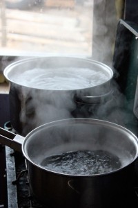 boiling down black walnut sap for syrup