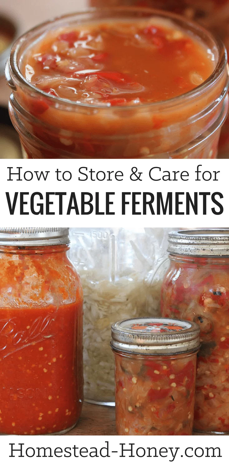 What is the best way to store and care for fermented vegetables such as sauerkraut or Kimchi? We share our top five tips for long-term storage of ferments. | Homestead Honey #fermenting, #homesteading