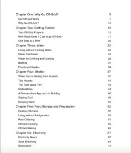 The table of contents for Creating Your Off-Grid Homestead